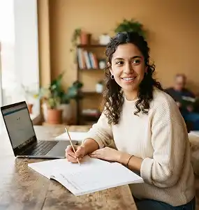 Voluntaria estudiando con un portátil